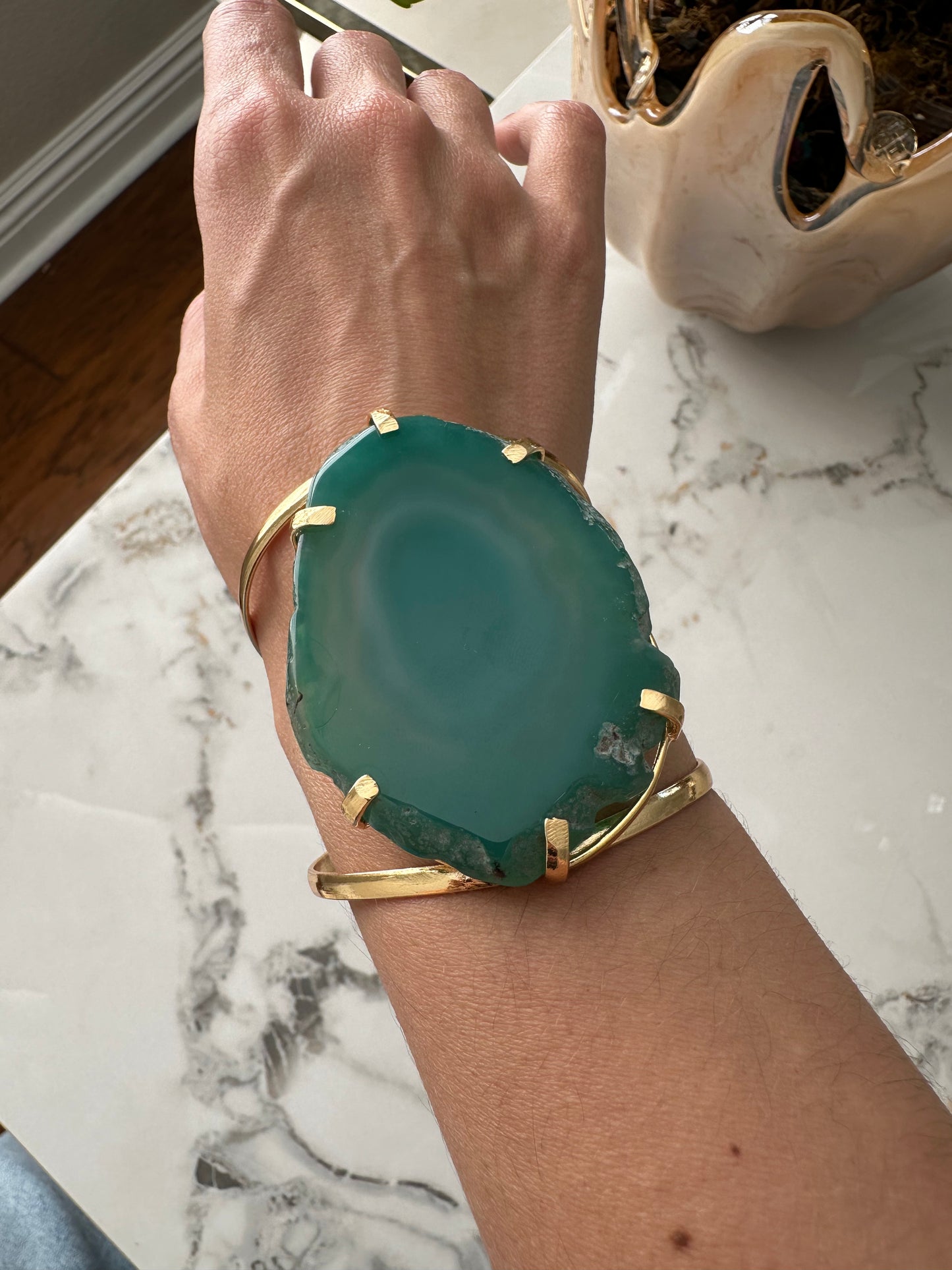 Green Agate Gold Cuff Bracelet