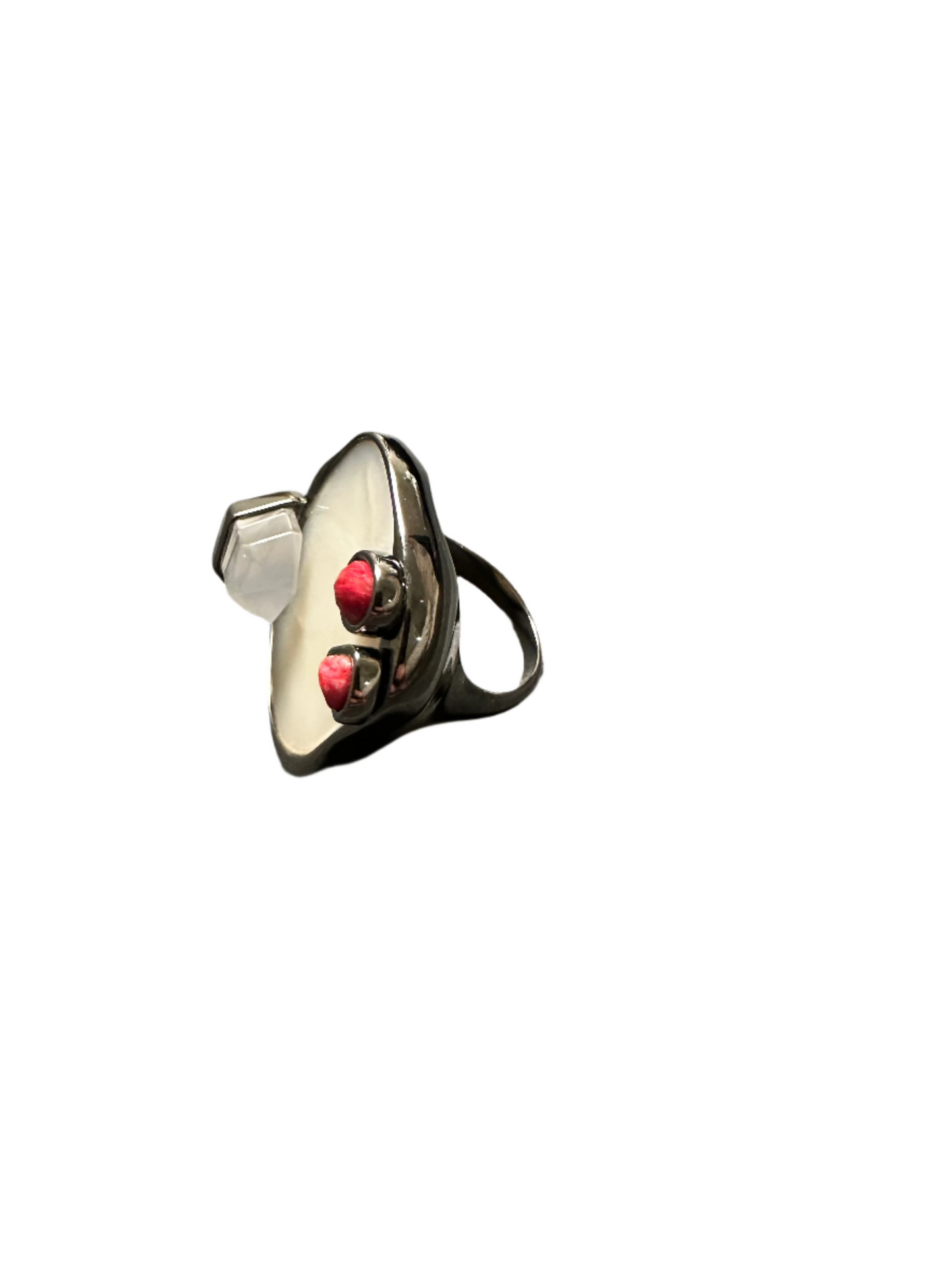 Essence Ring - Milky Crystal, Red Feldspar, and Mother-of-Pearl - Acquarella Collection Plating: Black Rhodium, size 7 USA