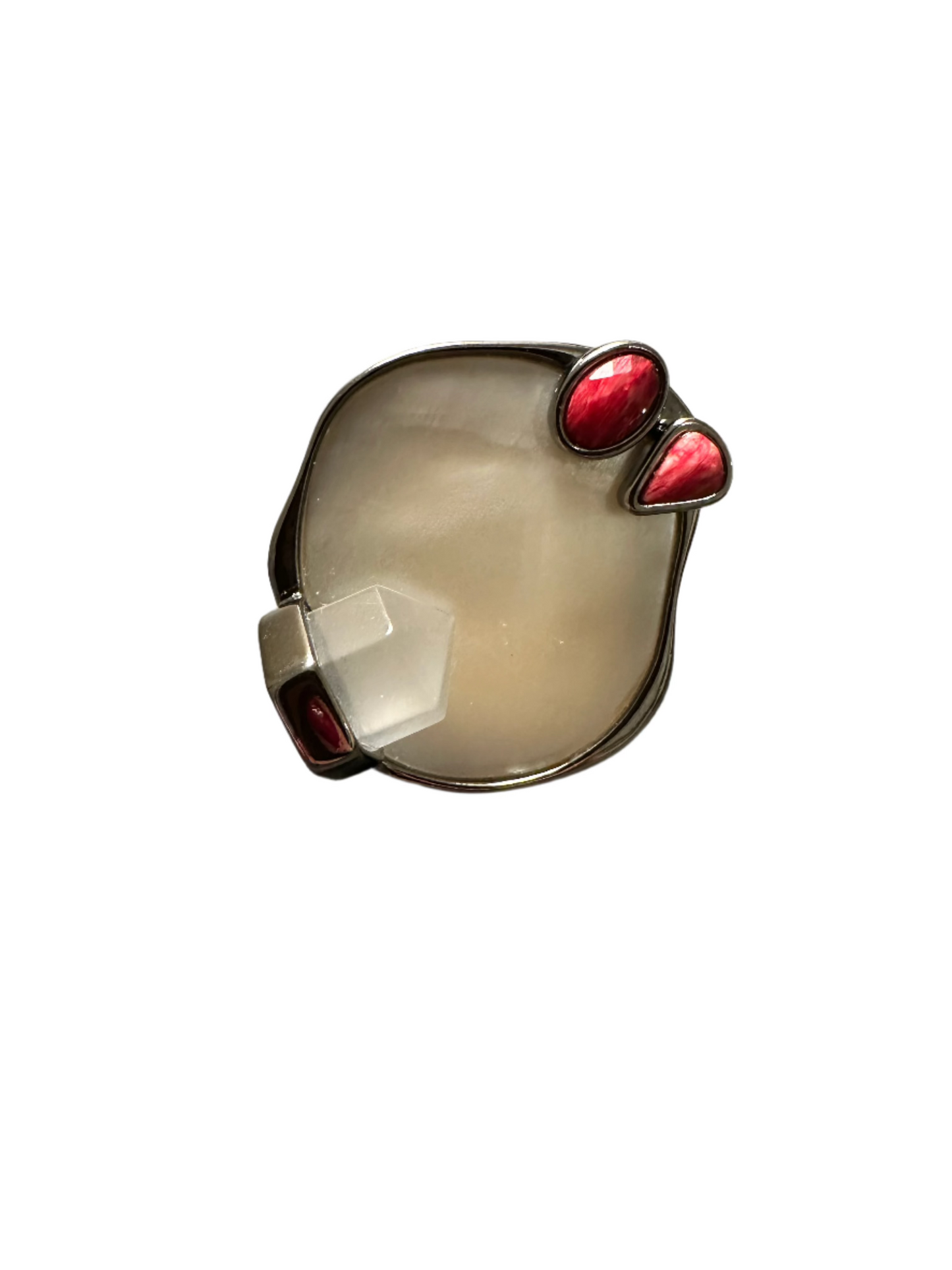 Essence Ring - Milky Crystal, Red Feldspar, and Mother-of-Pearl - Acquarella Collection Plating: Black Rhodium, size 7 USA