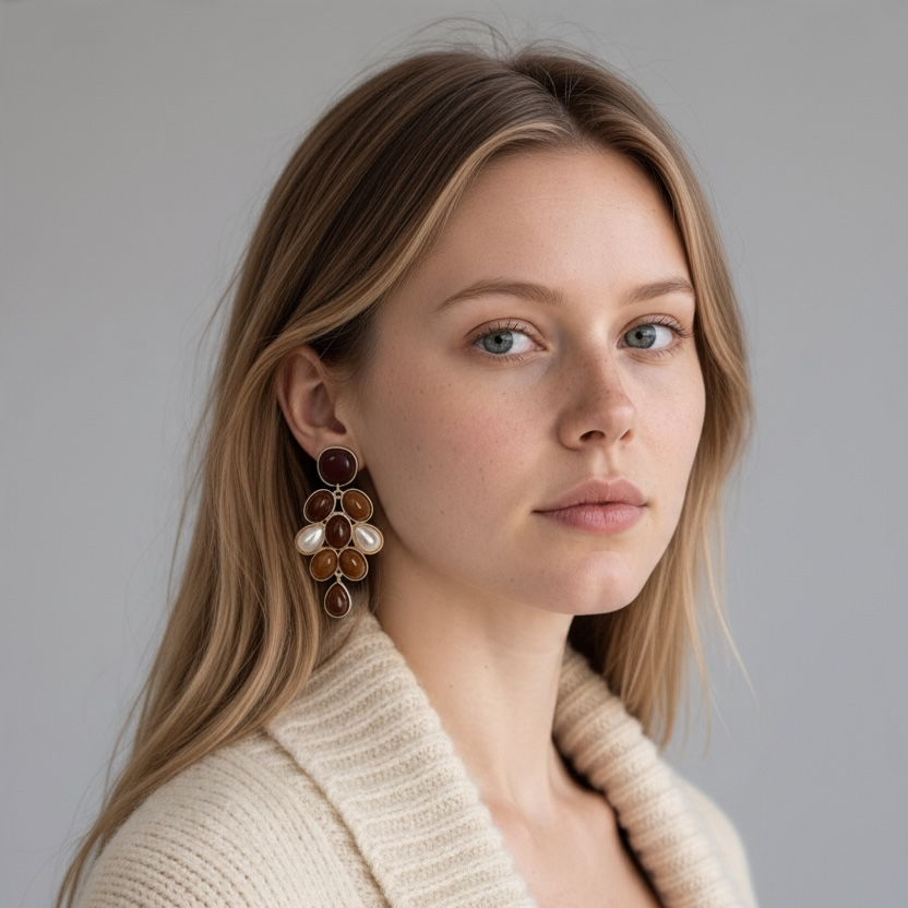 A woman with blonde hair wearing a cream knit cardigan and a white top, featuring a large, multi-tiered amber and pearl dangle earring on her left ear, set against a plain gray background.