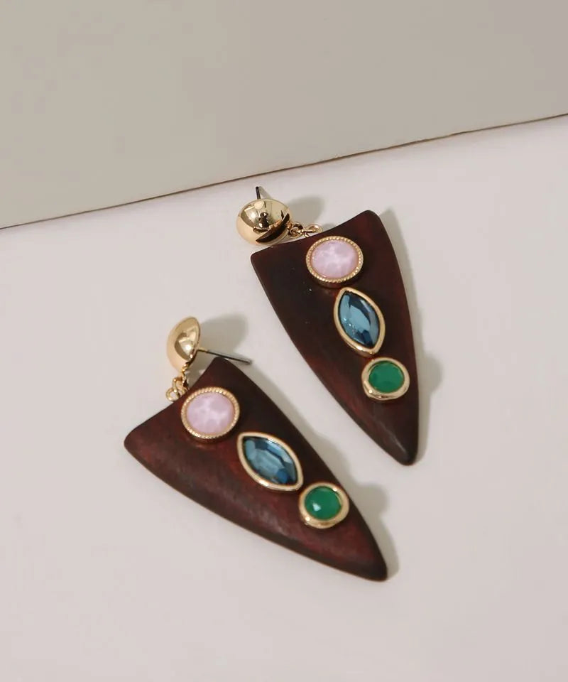 The Jungle Earrings - Women's Long Wooden Earrings with Colorful Stones
