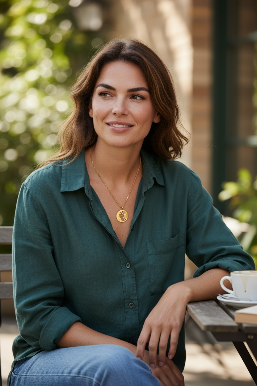 Woman sitting outdoors with a cup of coffee, wearing a green shirt and blue jeans.