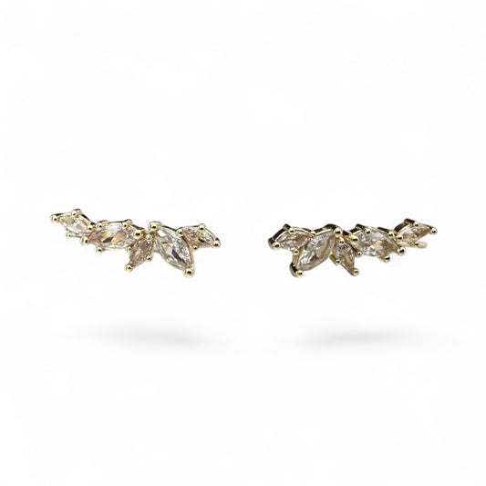 Pair of gold earrings with clear gemstones on a white background