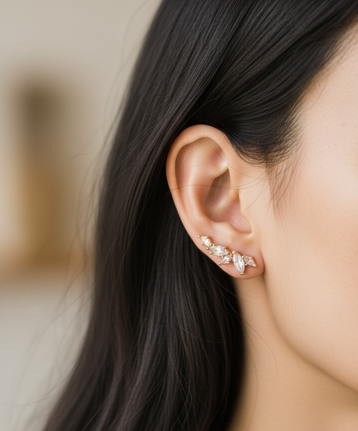 Close-up of a person wearing a diamond earring with a blurred background