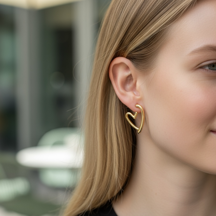 Woman wearing a heart-shaped earring with a blurred indoor background